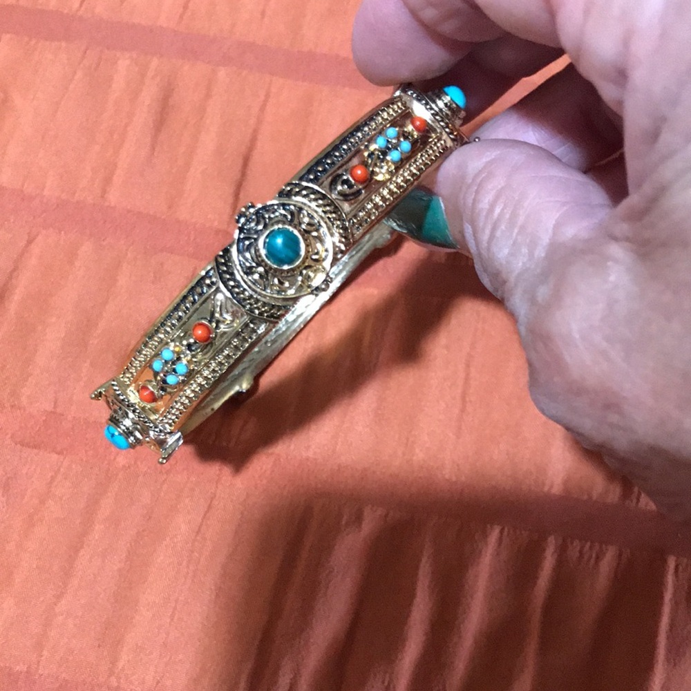 Gold-Tone Turquoise & Coral Accent Bangle Bracelet. - Picture 4 of 9
